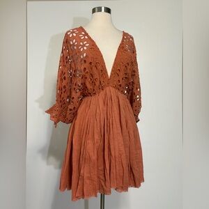 Free People Bella Note Terracotta Eyelet Mini Dress with Deep V-Neck
